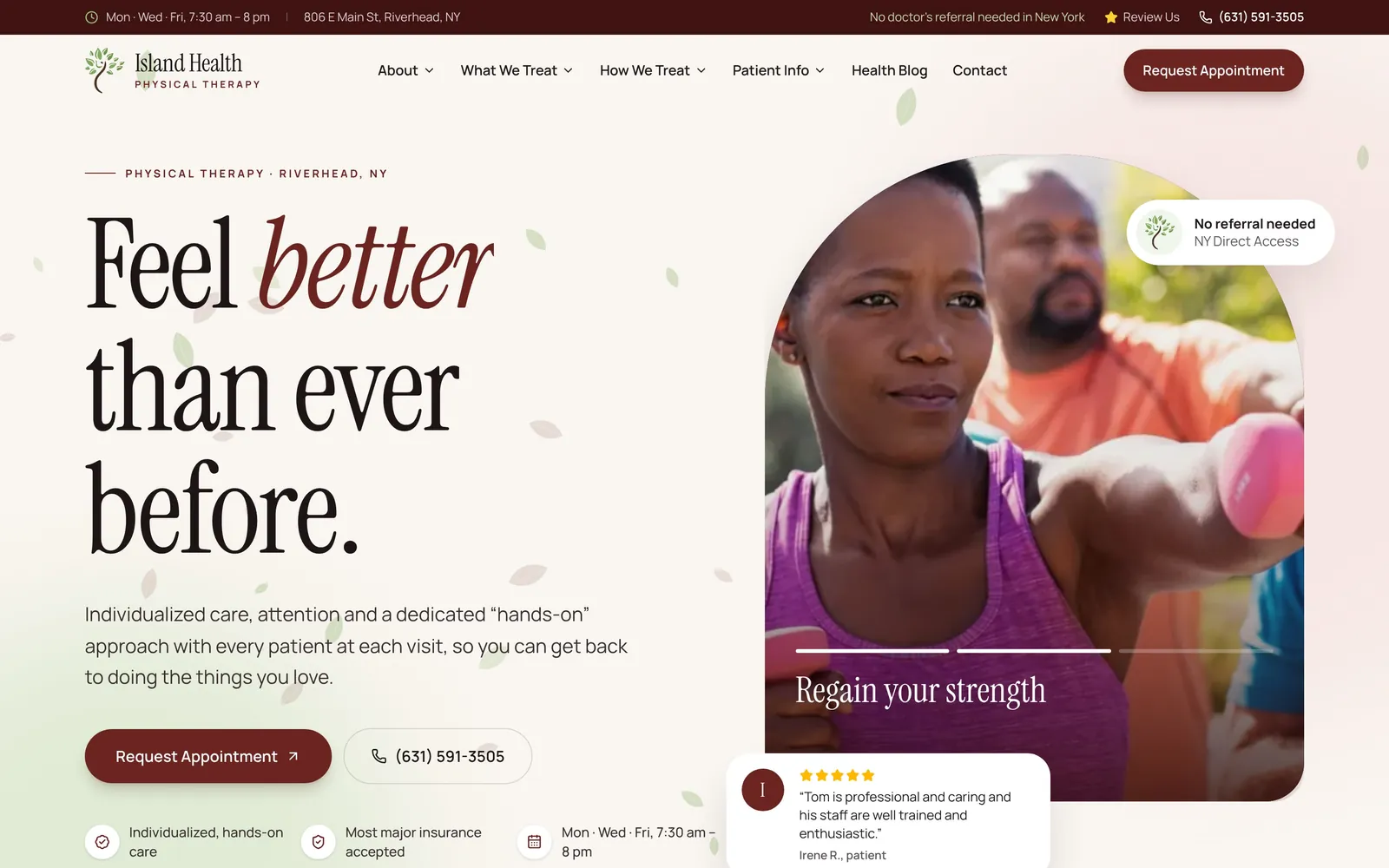 Homepage of the Island Health Physical Therapy website in Riverhead, NY, designed by Disame Graphics